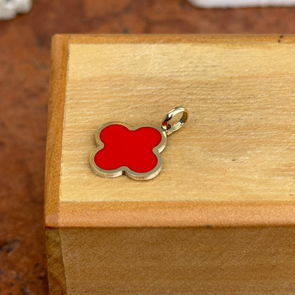 14KT Yellow Gold 4-Leaf Clover Red Enamel Inlay Pendant Charm 14mm