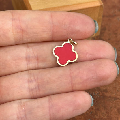 14KT Yellow Gold 4-Leaf Clover Red Enamel Inlay Pendant Charm 14mm