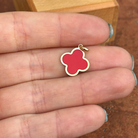 14KT Yellow Gold 4-Leaf Clover Red Enamel Inlay Pendant Charm 14mm
