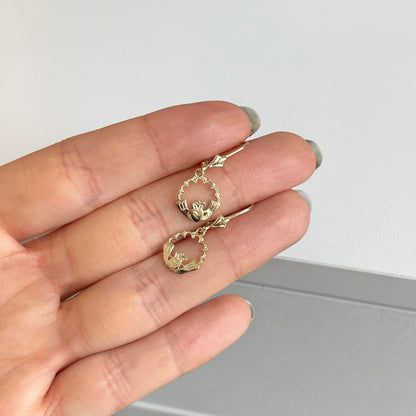 14KT Yellow Gold Celtic Claddagh Heart Dangle Earrings