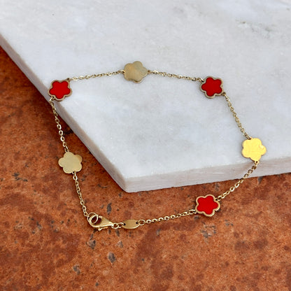 14KT Yellow Gold + Red Enamel 7mm Flowers Station Chain Bracelet