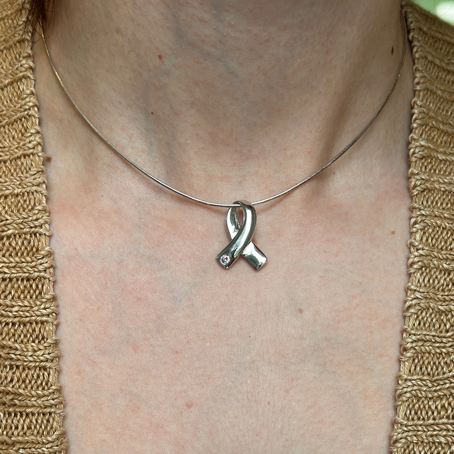 Sterling Silver Pink CZ Breast Cancer Ribbon Pendant Slide