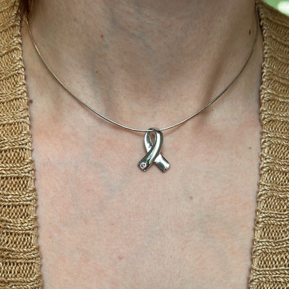 Sterling Silver Pink CZ Breast Cancer Ribbon Pendant Slide