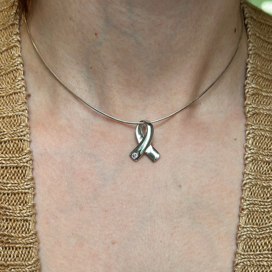 Sterling Silver Pink CZ Breast Cancer Ribbon Pendant Slide