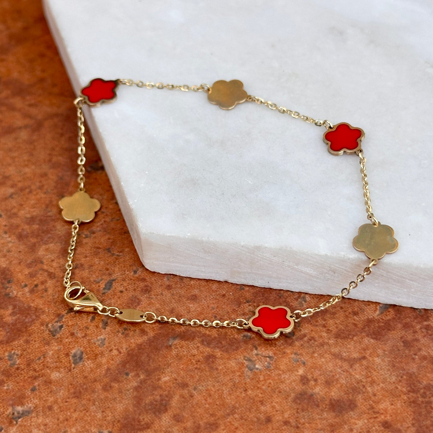 14KT Yellow Gold + Red Enamel 7mm Flowers Station Chain Bracelet