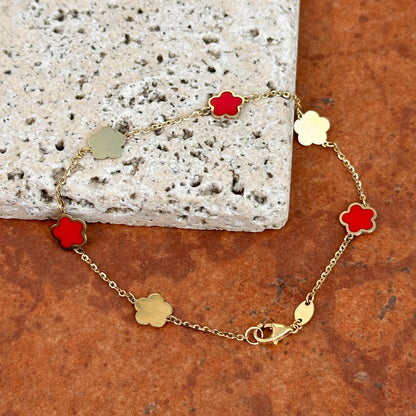 14KT Yellow Gold + Red Enamel 7mm Flowers Station Chain Bracelet