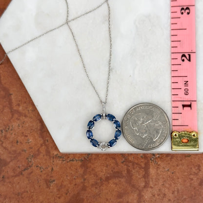 14KT White Gold Blue Sapphire + Diamond Circle Pendant Chain Necklace