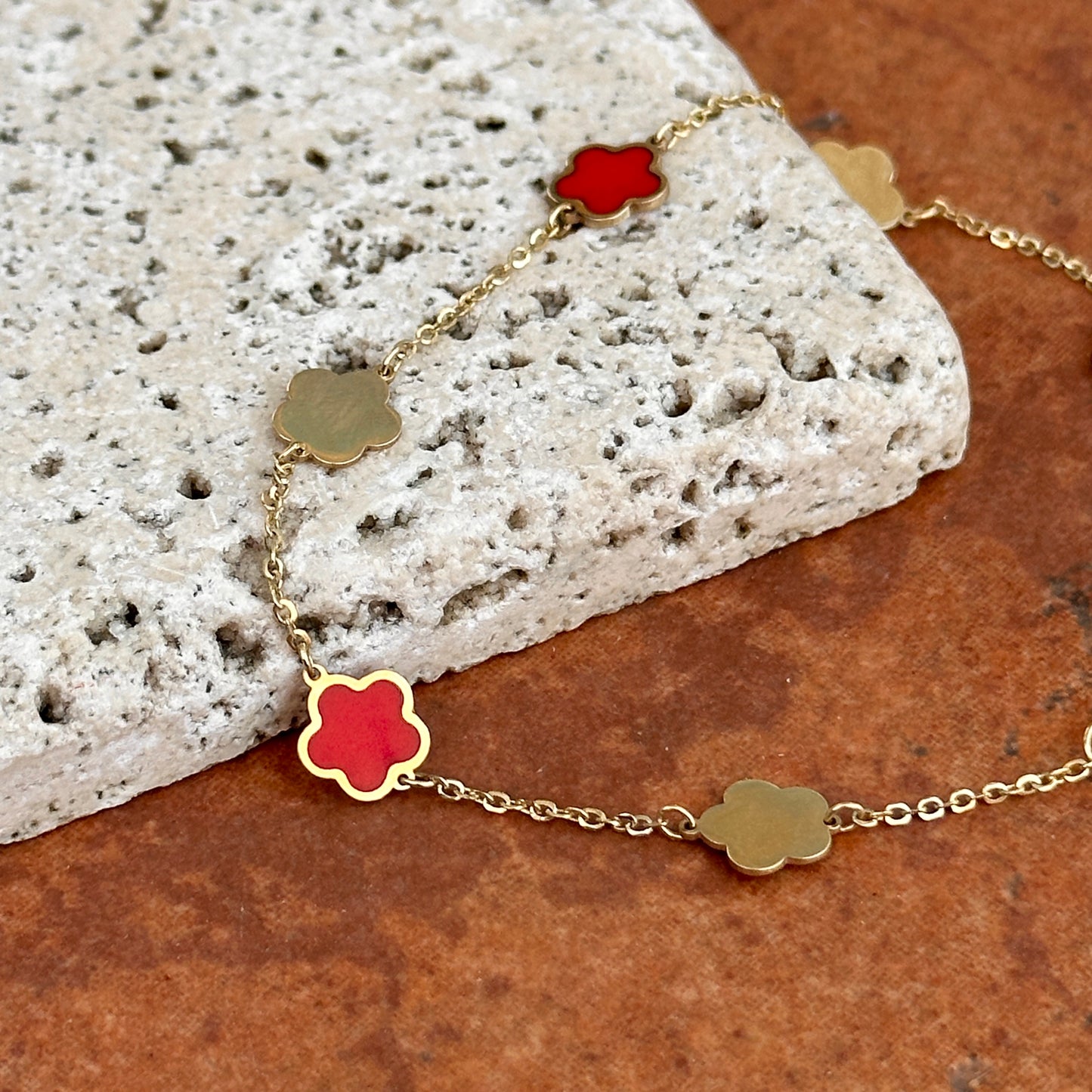 14KT Yellow Gold + Red Enamel 7mm Flowers Station Chain Bracelet