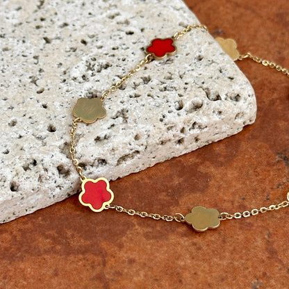 14KT Yellow Gold + Red Enamel 7mm Flowers Station Chain Bracelet