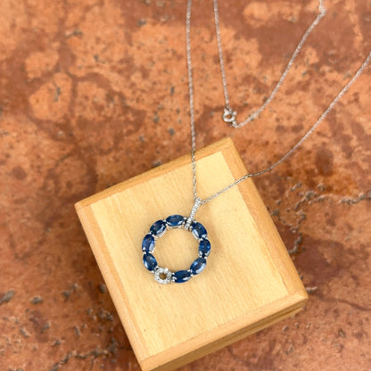 14KT White Gold Blue Sapphire + Diamond Circle Pendant Chain Necklace