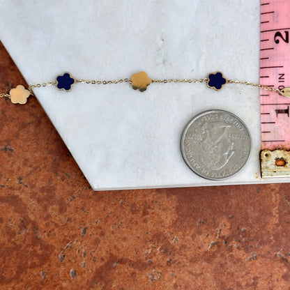 14KT Yellow Gold + Lapis 7mm Flower Station Chain Bracelet