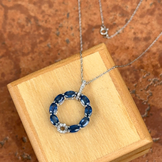 14KT White Gold Blue Sapphire + Diamond Circle Pendant Chain Necklace