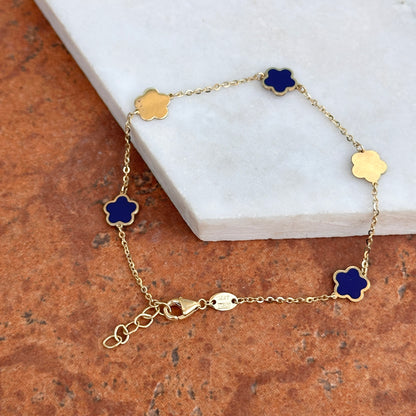 14KT Yellow Gold + Lapis 7mm Flower Station Chain Bracelet