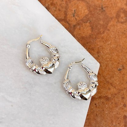 Sterling Silver 3D Celtic Claddagh Medium Hoop Earrings 22mm