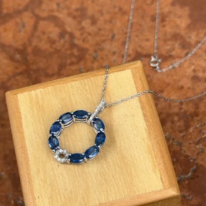 14KT White Gold Blue Sapphire + Diamond Circle Pendant Chain Necklace