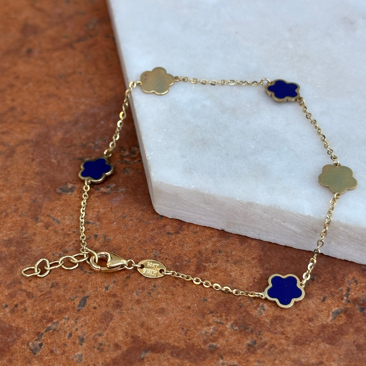 14KT Yellow Gold + Lapis 7mm Flower Station Chain Bracelet