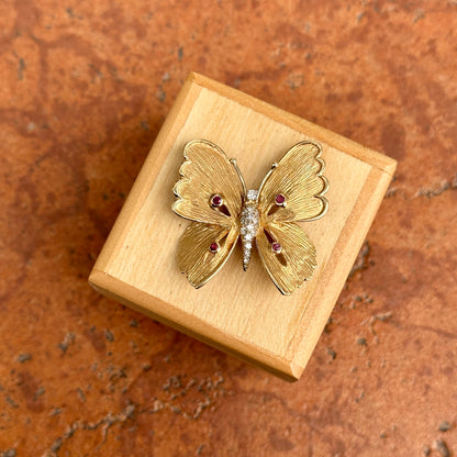 Estate Carl Lindstrom 14KT Yellow Gold Diamond + Ruby Butterfly Pin