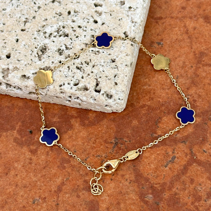 14KT Yellow Gold + Lapis 7mm Flower Station Chain Bracelet