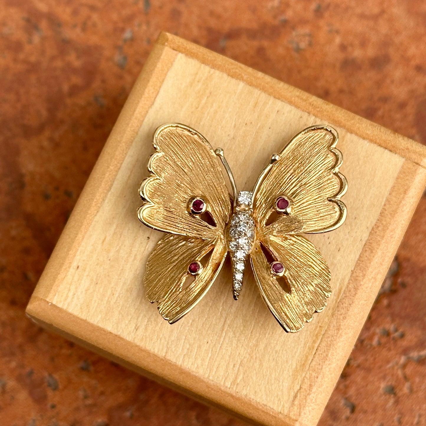 Estate Carl Lindstrom 14KT Yellow Gold Diamond + Ruby Butterfly Pin