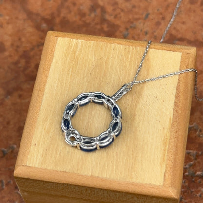 14KT White Gold Blue Sapphire + Diamond Circle Pendant Chain Necklace