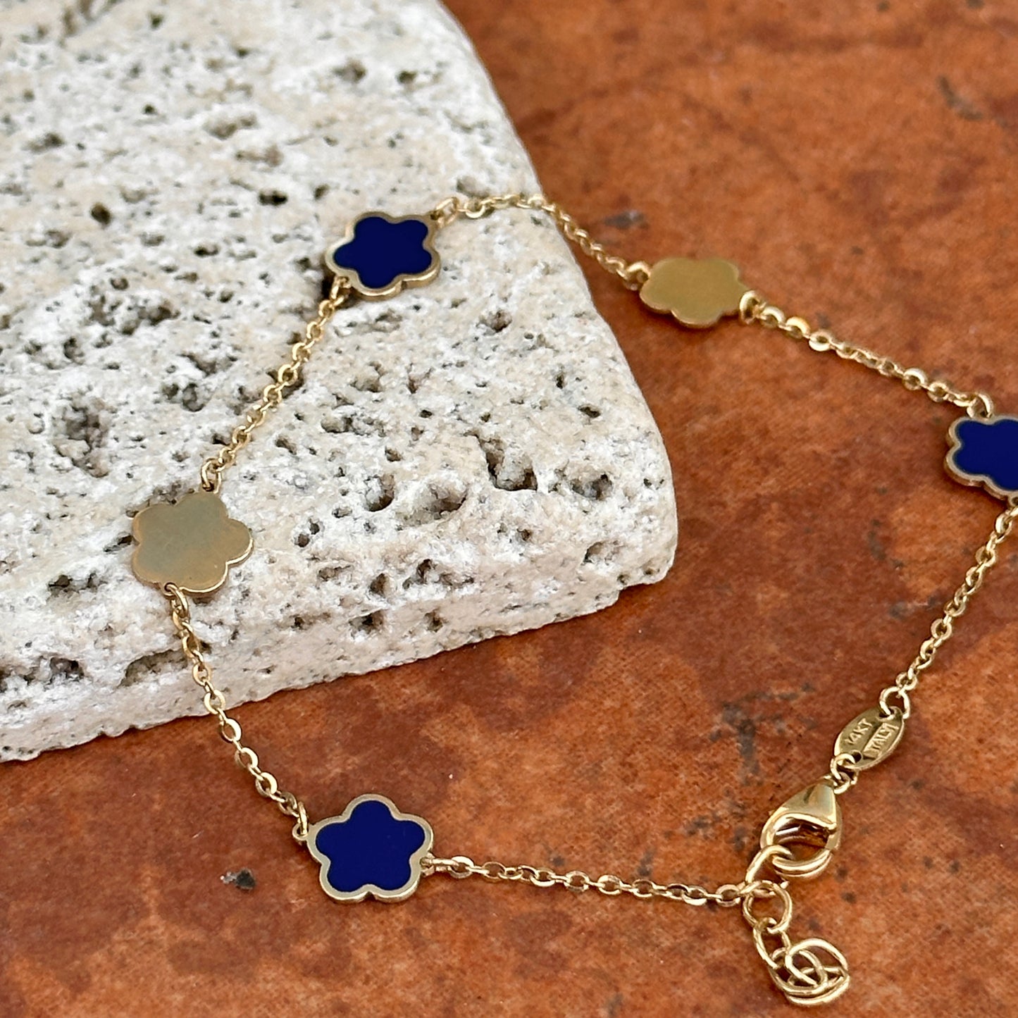 14KT Yellow Gold + Lapis 7mm Flower Station Chain Bracelet