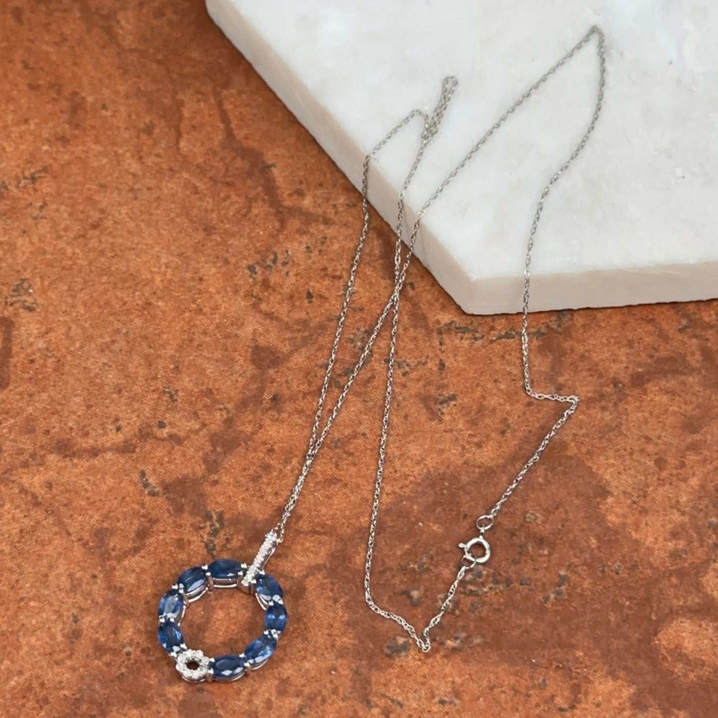 14KT White Gold Blue Sapphire + Diamond Circle Pendant Chain Necklace