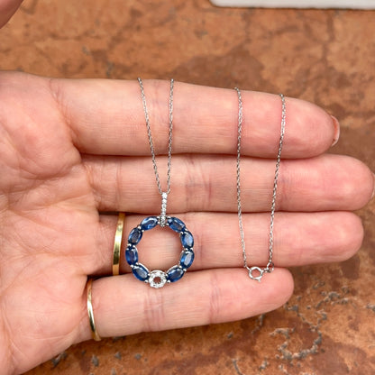 14KT White Gold Blue Sapphire + Diamond Circle Pendant Chain Necklace