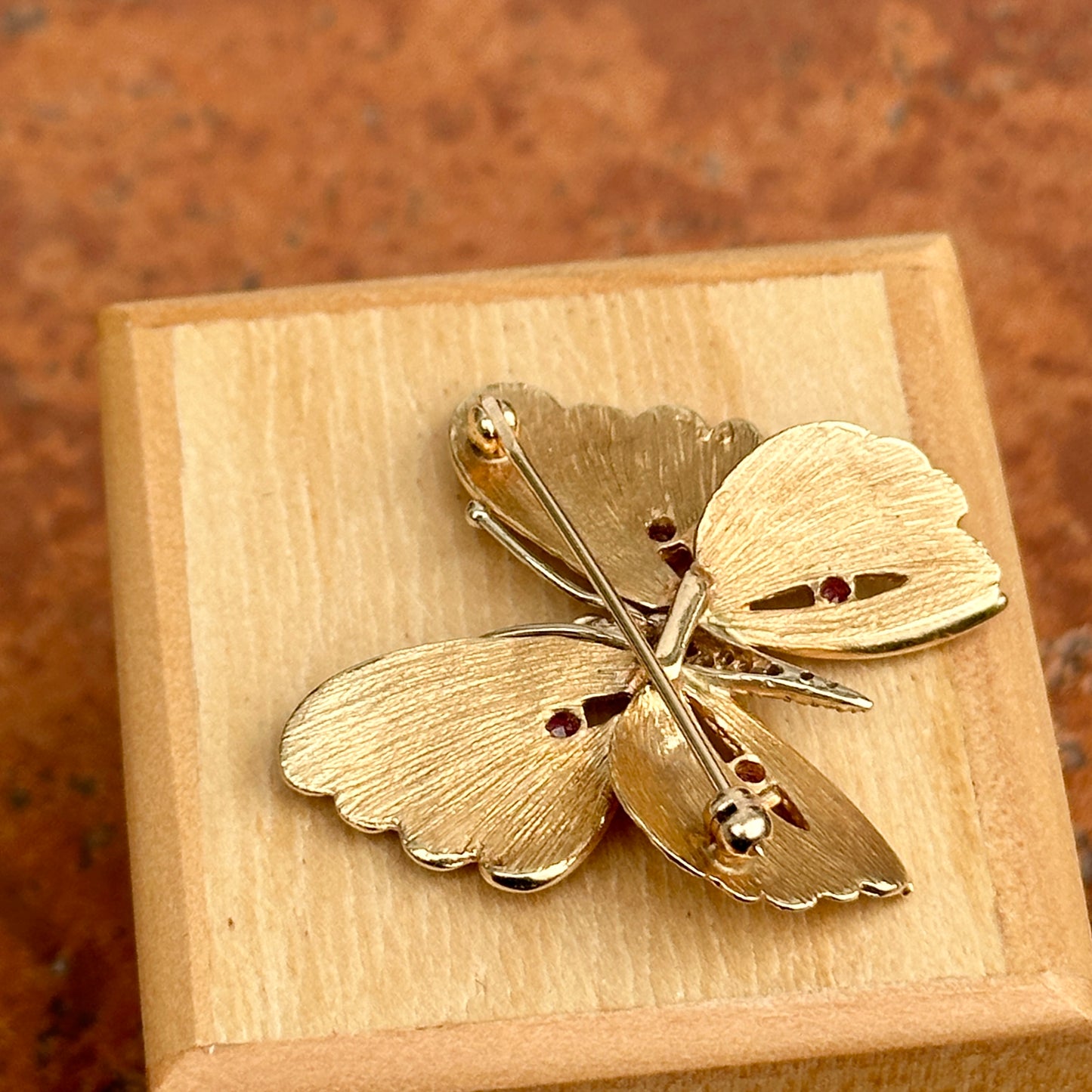 Estate Carl Lindstrom 14KT Yellow Gold Diamond + Ruby Butterfly Pin