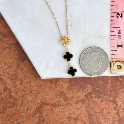 14KT Yellow Gold Ribbed Onyx + Pearl 3 Clover Drop Lariat Necklace