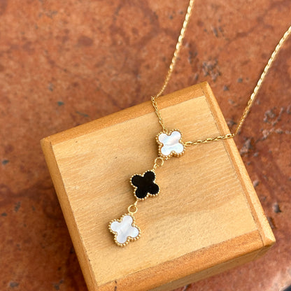 14KT Yellow Gold Ribbed Onyx + Pearl 3 Clover Drop Lariat Necklace