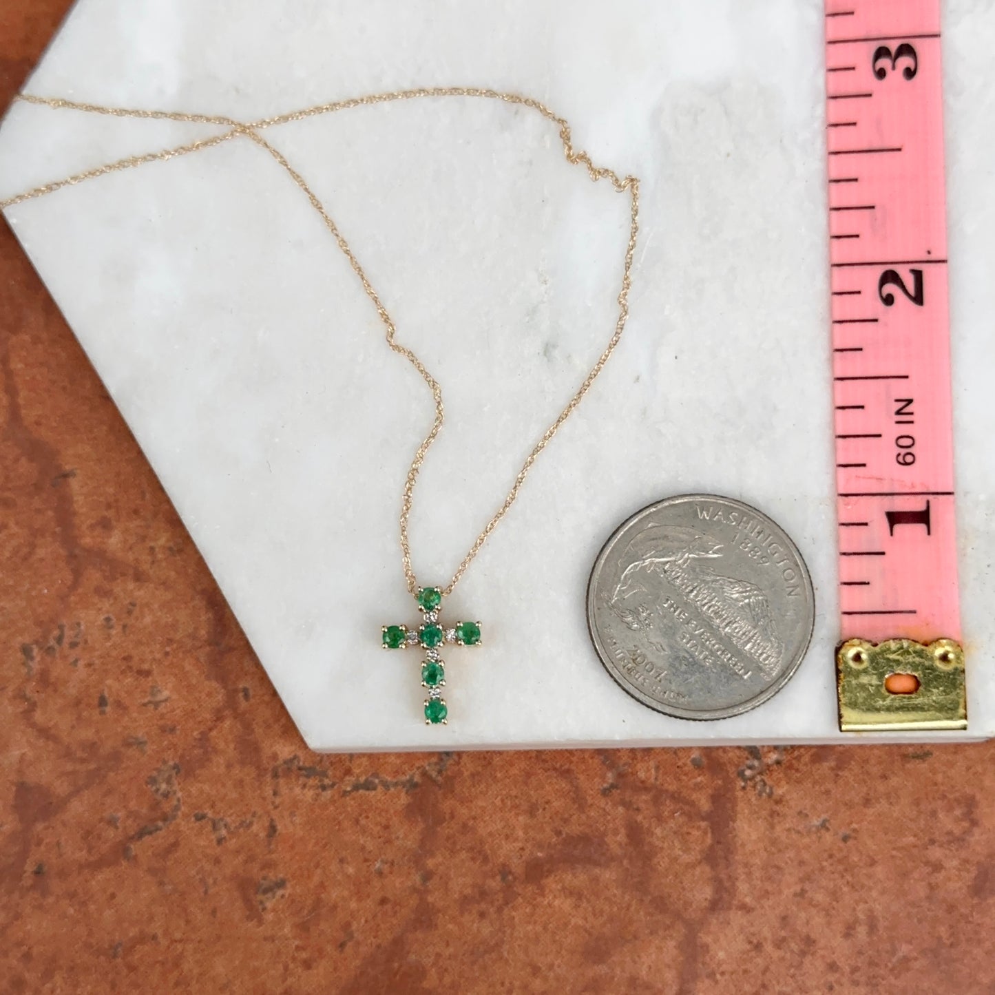 14KT Yellow Gold Emerald + Diamond Cross Pendant Chain Necklace