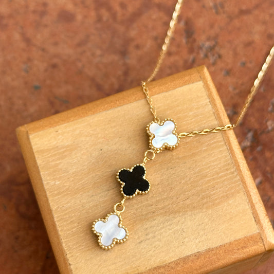 14KT Yellow Gold Ribbed Onyx + Pearl 3 Clover Drop Lariat Necklace