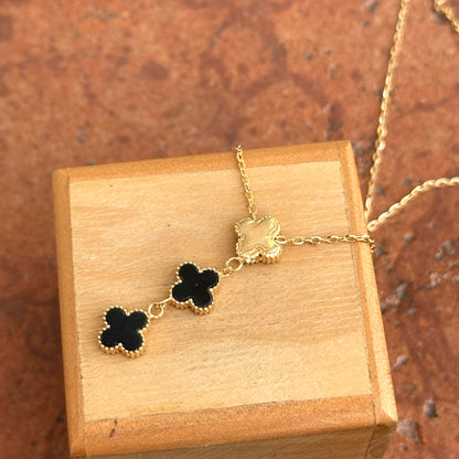 14KT Yellow Gold Ribbed Onyx + Pearl 3 Clover Drop Lariat Necklace