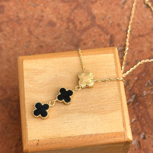 14KT Yellow Gold Ribbed Onyx + Pearl 3 Clover Drop Lariat Necklace