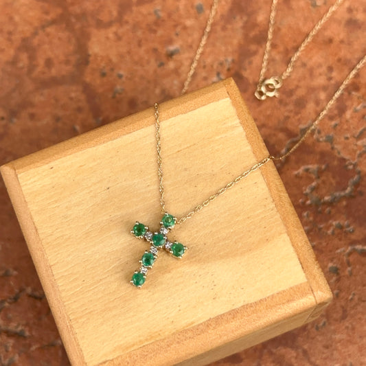 14KT Yellow Gold Emerald + Diamond Cross Pendant Chain Necklace