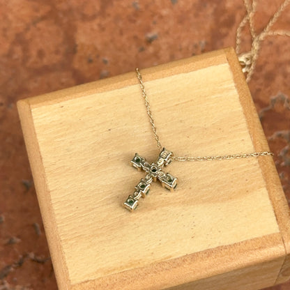 14KT Yellow Gold Emerald + Diamond Cross Pendant Chain Necklace