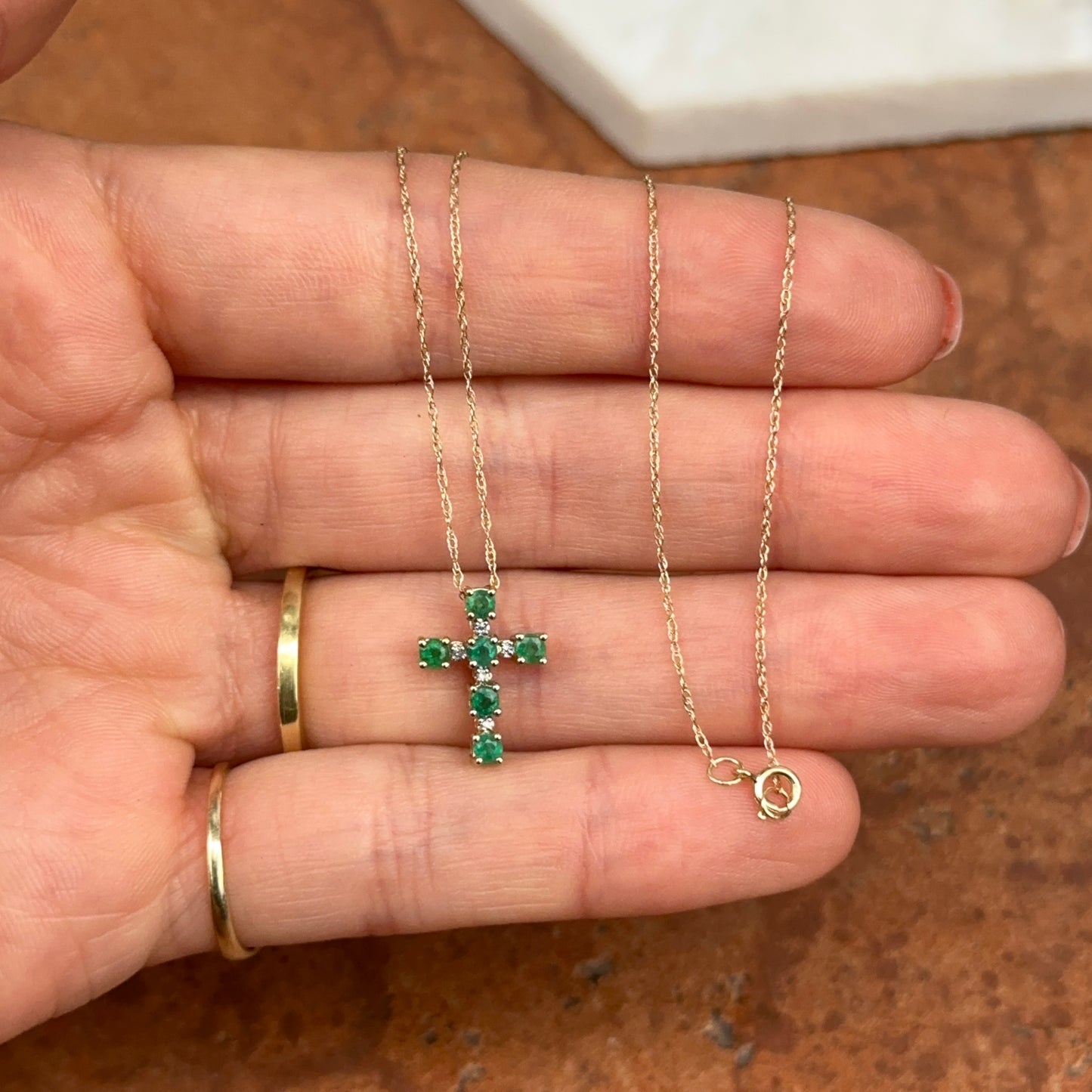 14KT Yellow Gold Emerald + Diamond Cross Pendant Chain Necklace