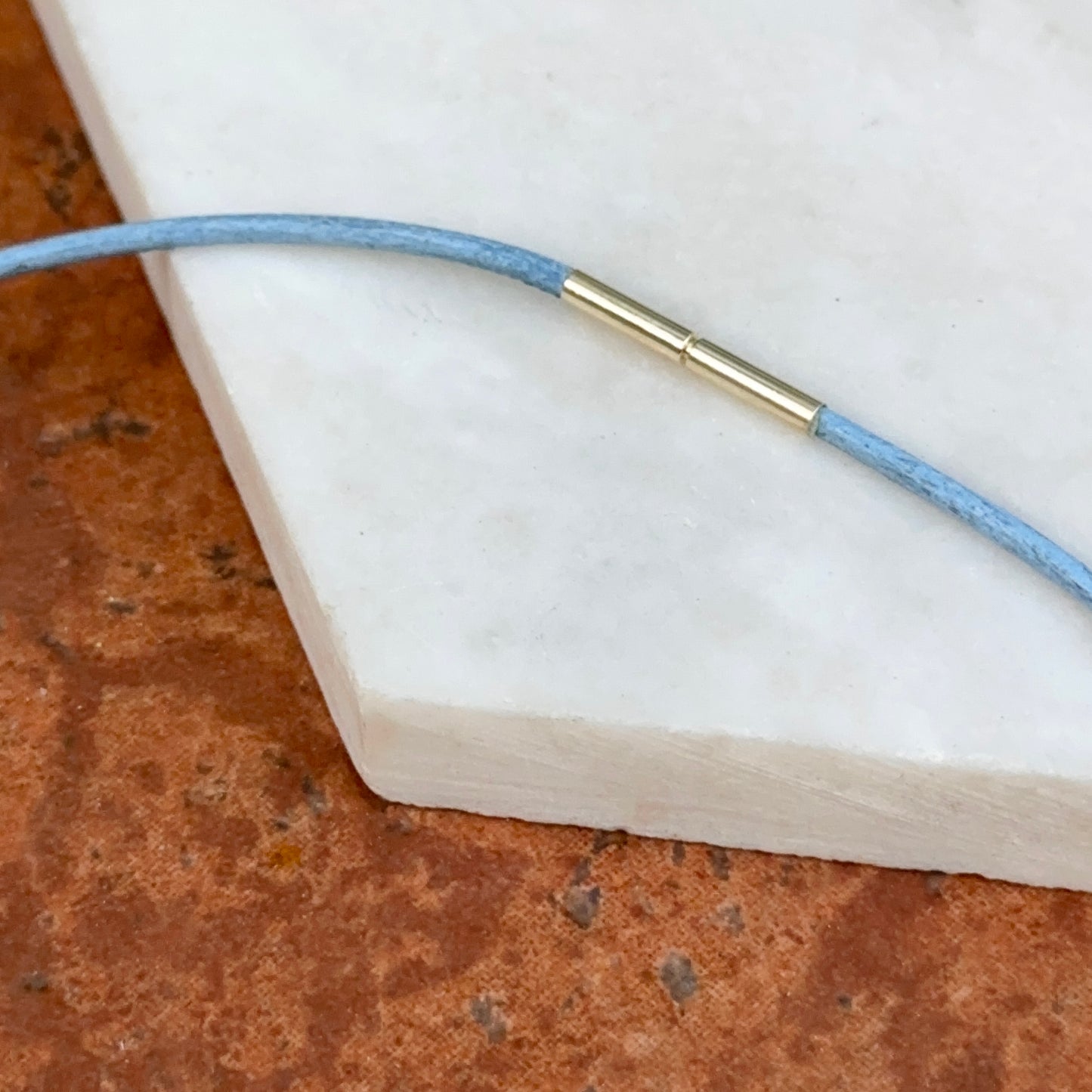14KT Yellow Gold 1mm Light Blue Leather Cord Necklace