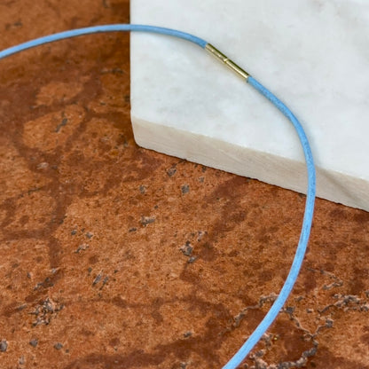 14KT Yellow Gold 1mm Light Blue Leather Cord Necklace