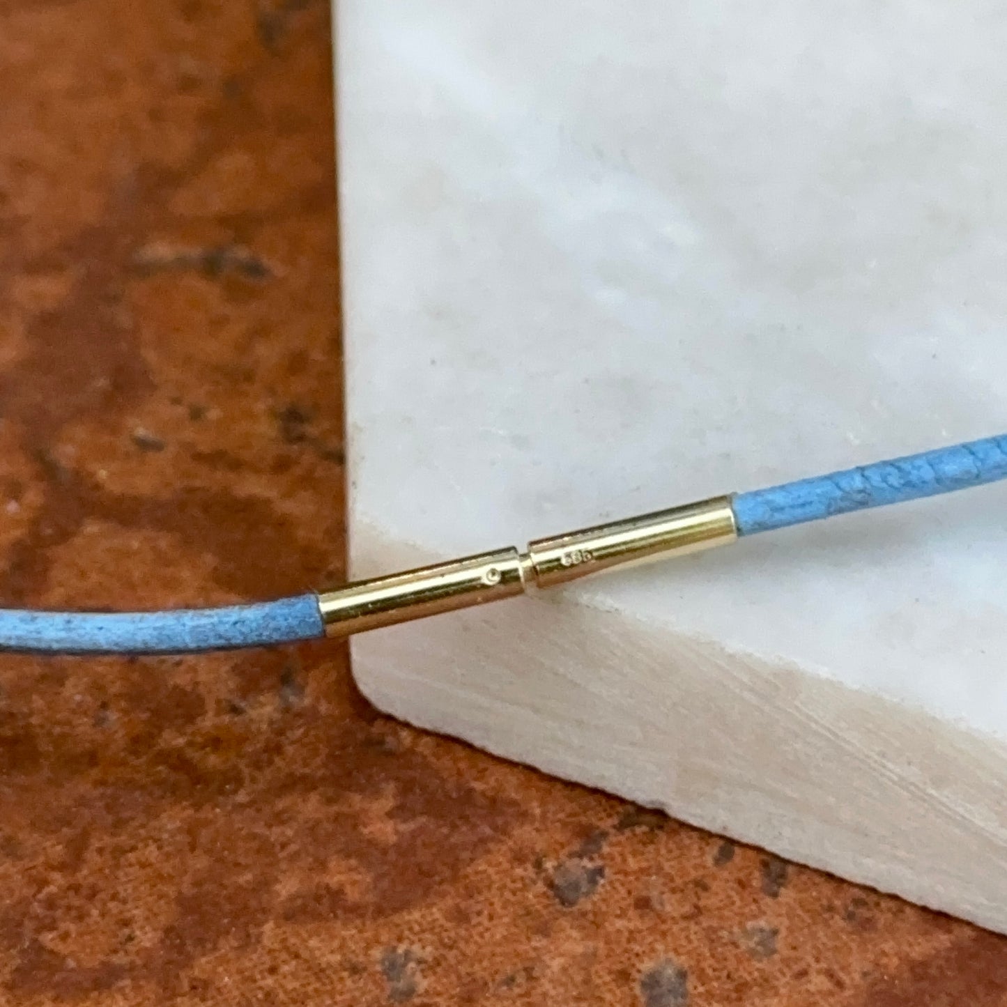 14KT Yellow Gold 1mm Light Blue Leather Cord Necklace