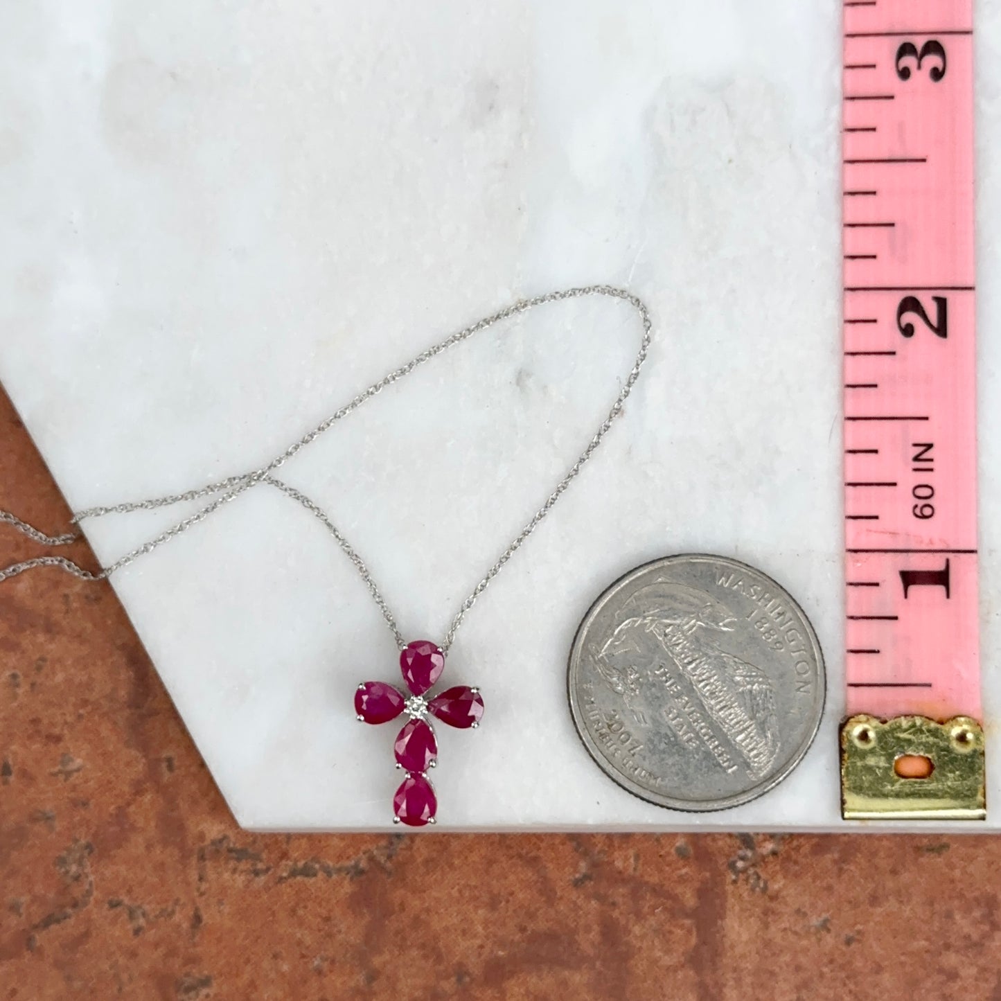 14KT White Gold Pear Ruby + Diamond Cross Pendant Chain Necklace