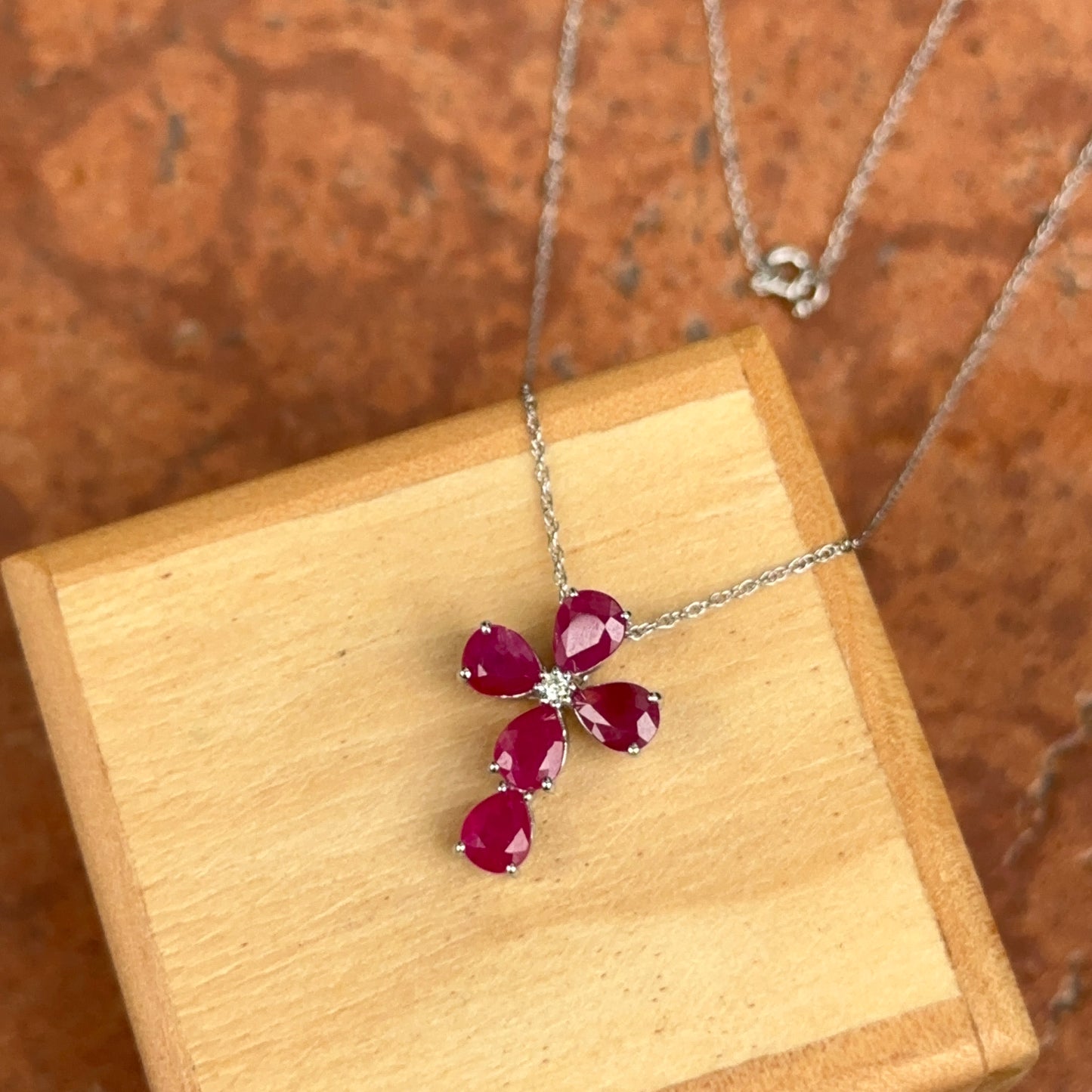 14KT White Gold Pear Ruby + Diamond Cross Pendant Chain Necklace