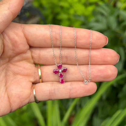 14KT White Gold Pear Ruby + Diamond Cross Pendant Chain Necklace