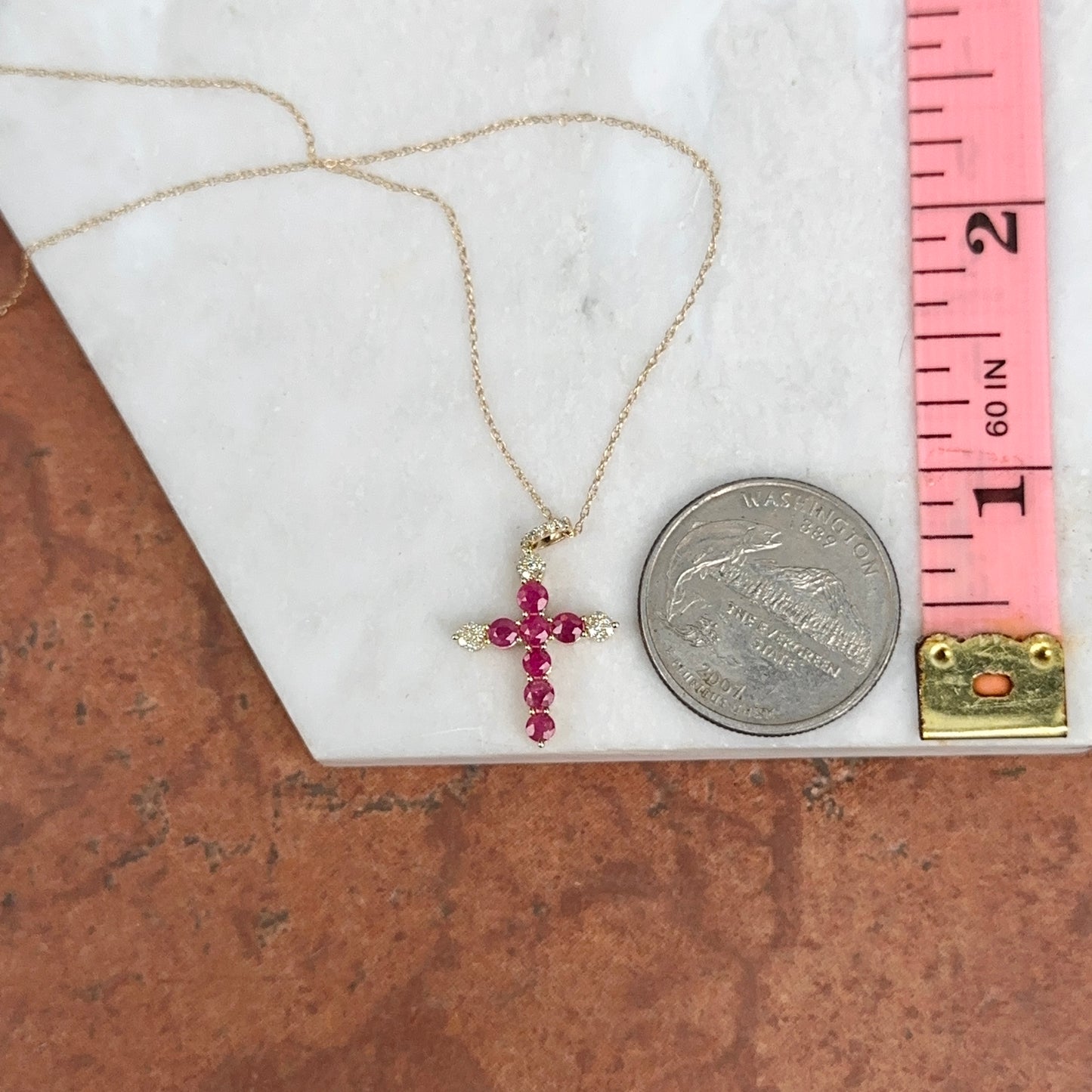 14KT Yellow Gold Red Ruby + Diamond Cross Pendant Chain Necklace