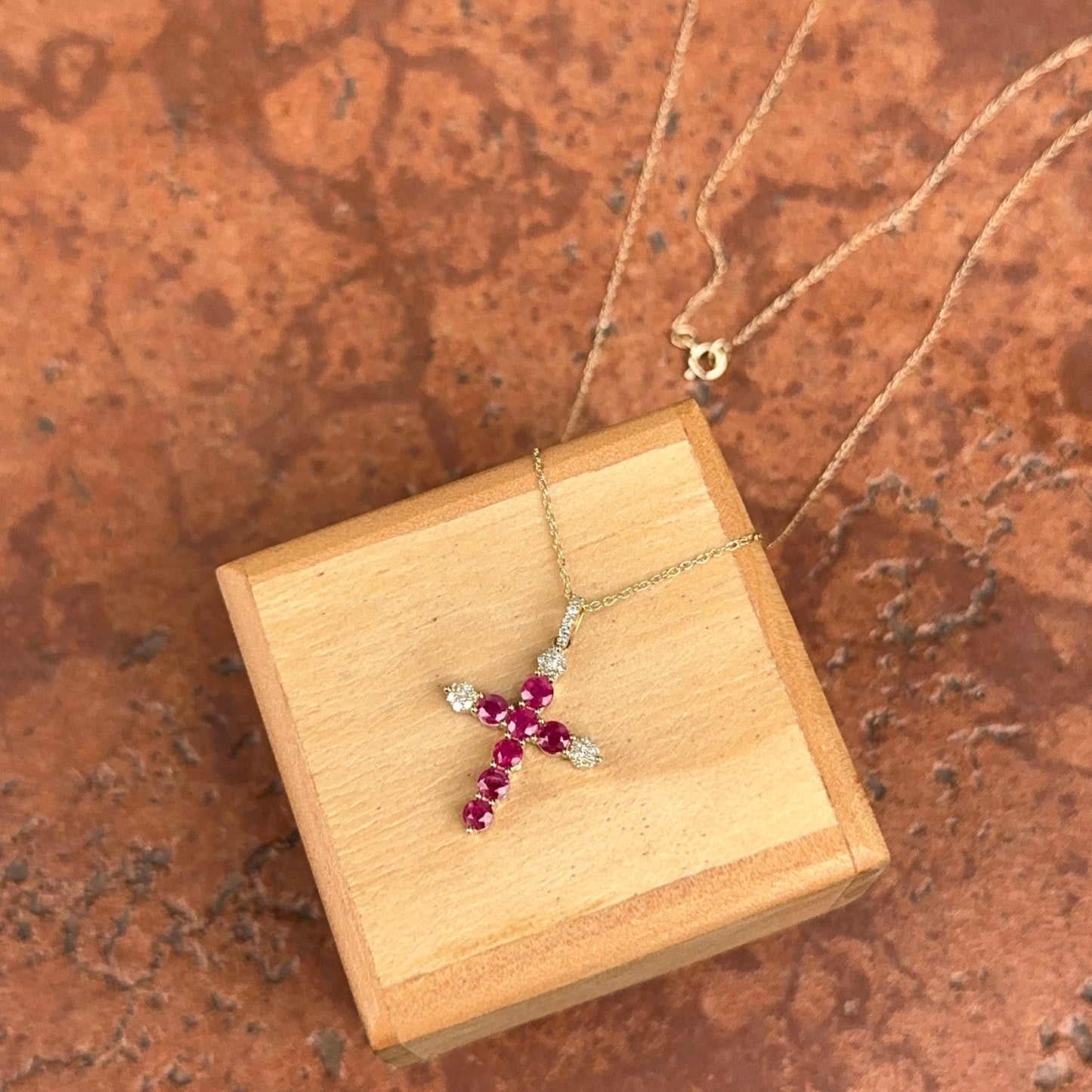 14KT Yellow Gold Red Ruby + Diamond Cross Pendant Chain Necklace