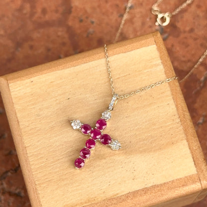 14KT Yellow Gold Red Ruby + Diamond Cross Pendant Chain Necklace