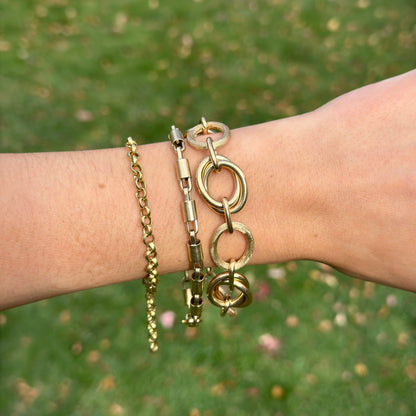 Estate 14KT Yellow Gold Matte Textured + Shiny Double Oval Link Bracelet