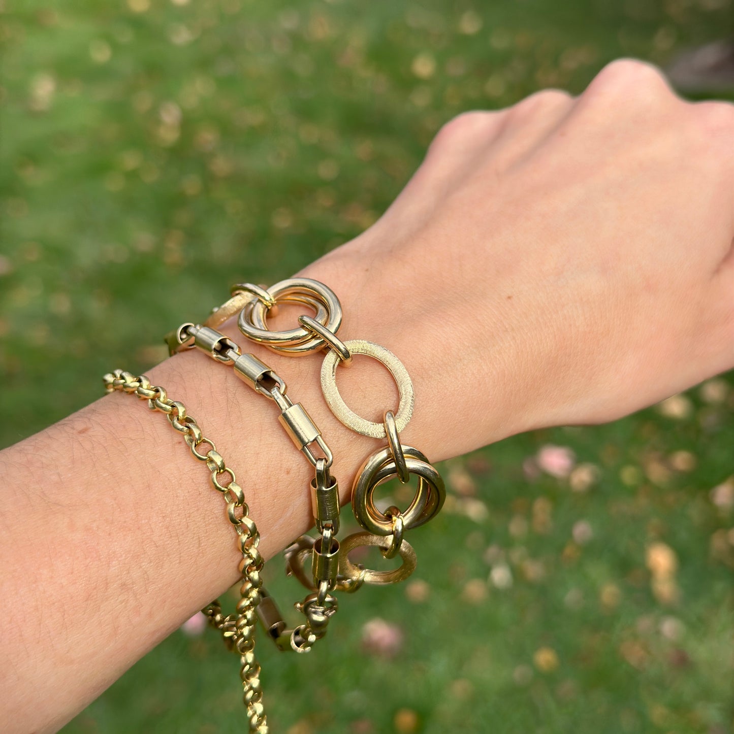 Estate 14KT Yellow Gold Matte Textured + Shiny Double Oval Link Bracelet