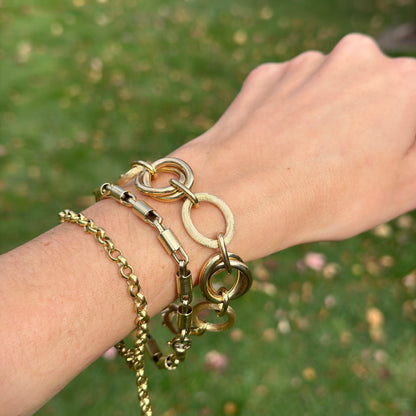 Estate 14KT Yellow Gold Matte Textured + Shiny Double Oval Link Bracelet