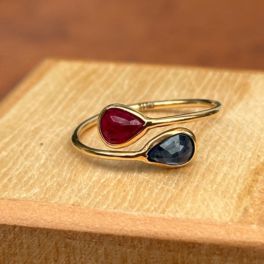 18KT Yellow Gold Pear Ruby + Blue Sapphire Bypass Ring